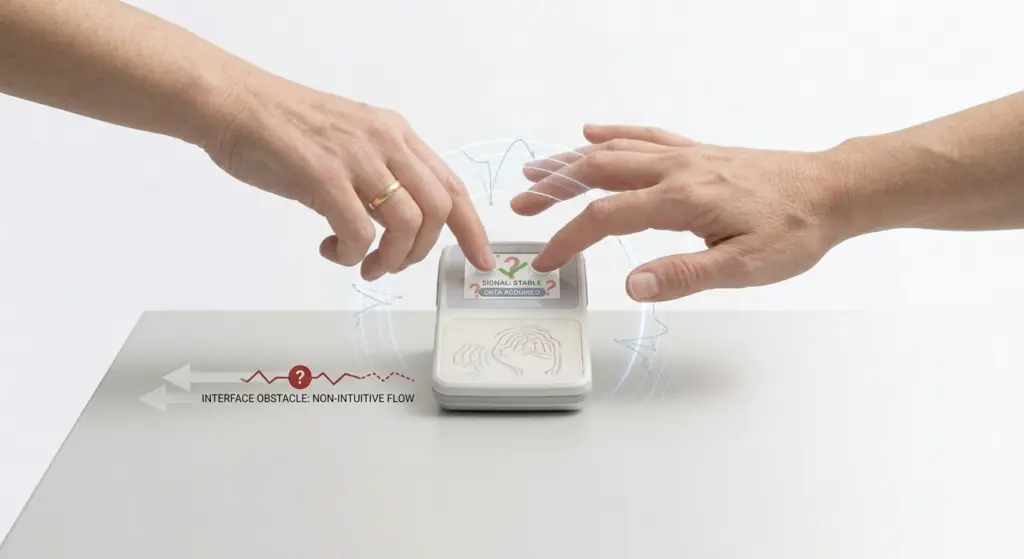 Hands interacting with a touchscreen device.